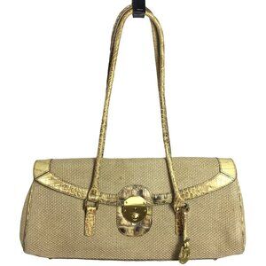 Brahmin East West Y2K Satchel Shoulder Bag Natural Burlap Croc Leather Summer